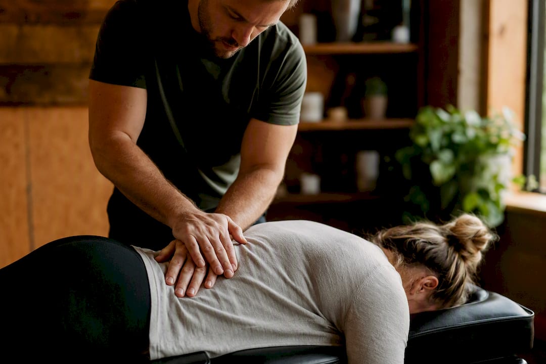 Chiropractor performing spinal adjustment