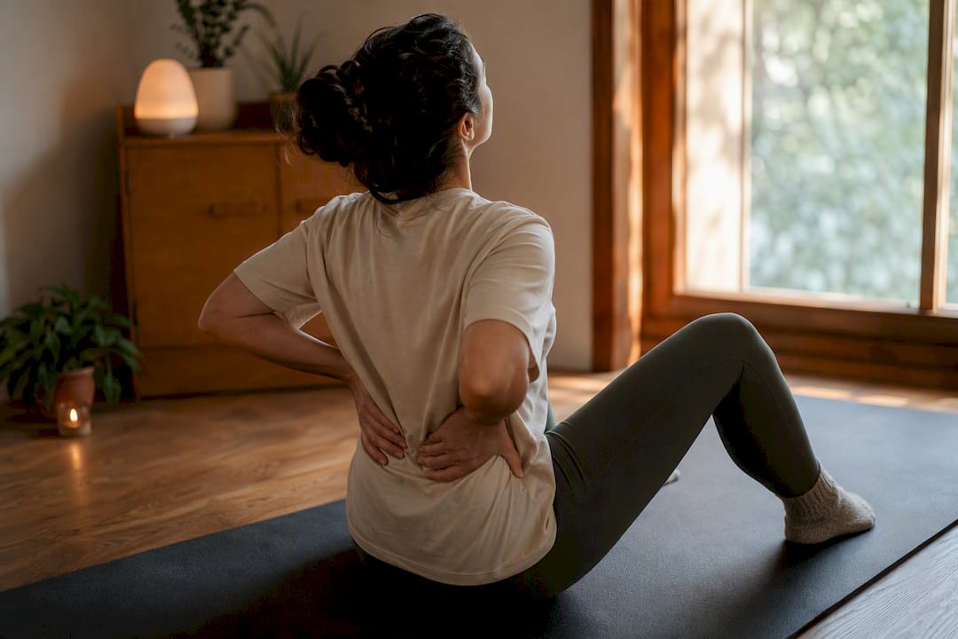 Hands supporting lower back during stretch