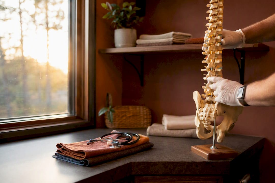 Chiropractor’s hands adjusting spine model