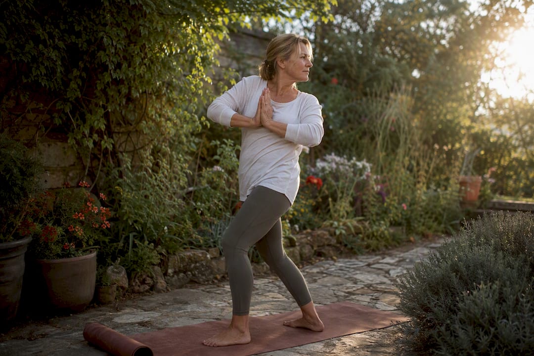 Person doing standing spinal twist stretch indoors