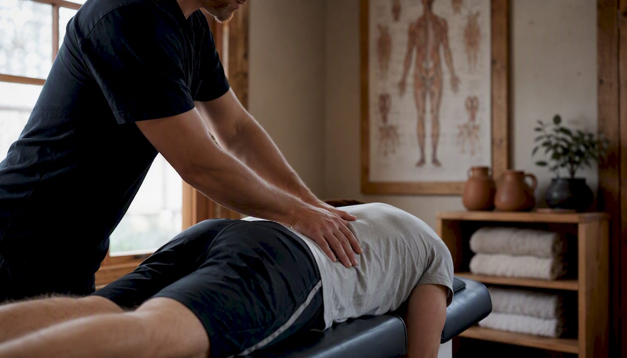 Chiropractor hands assessing lower back function