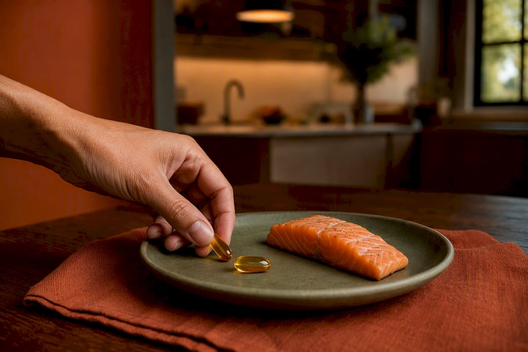 Omega-3 capsules beside salmon on a plate