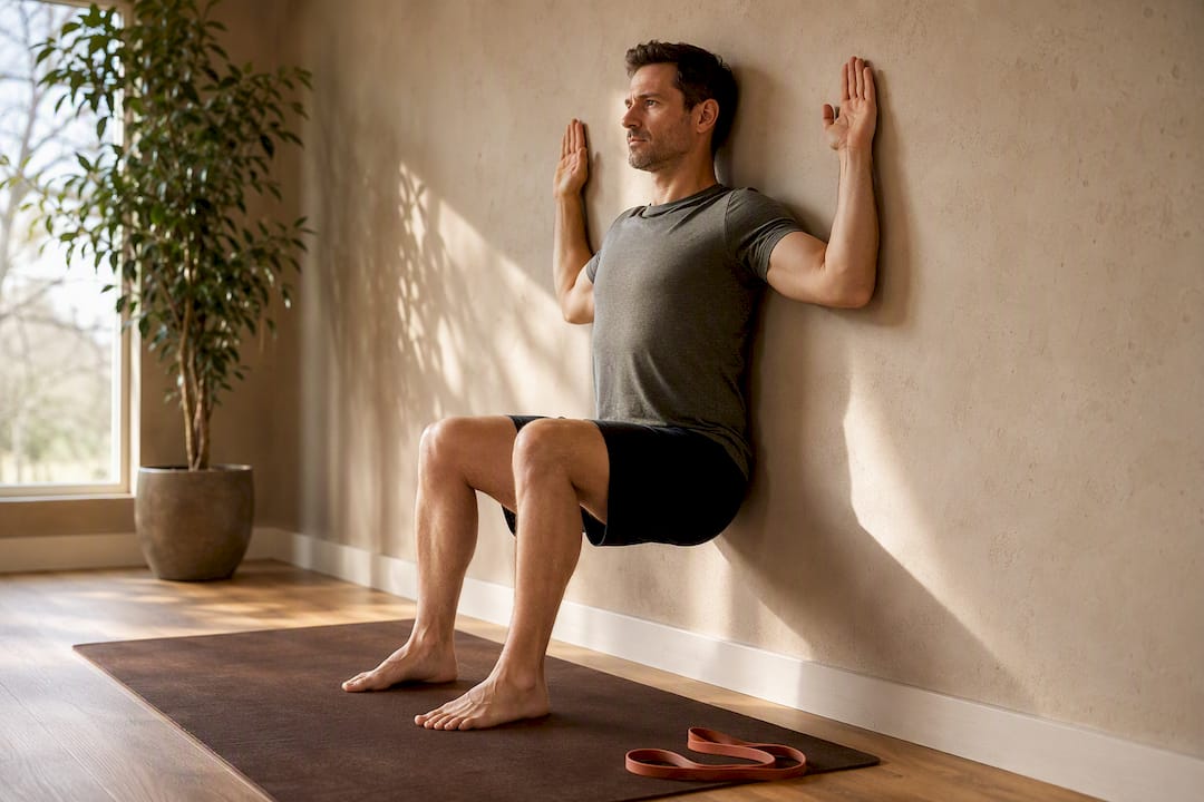 Person performing wall angels against wall