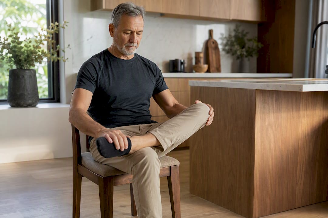 Older adult doing chair-supported figure-four stretch