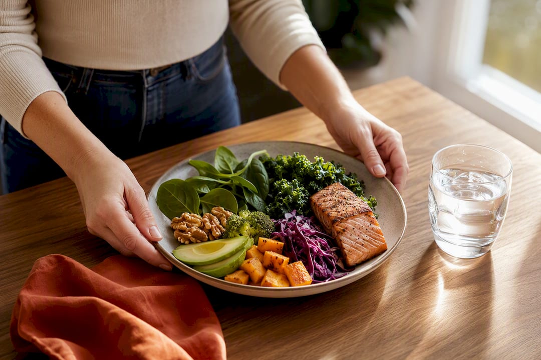 Water and anti-inflammatory foods on table