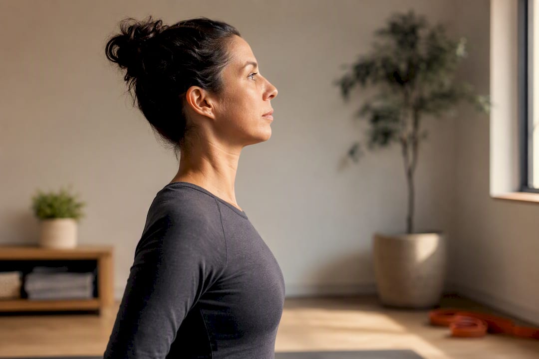 Adult performing gentle chin tuck exercise