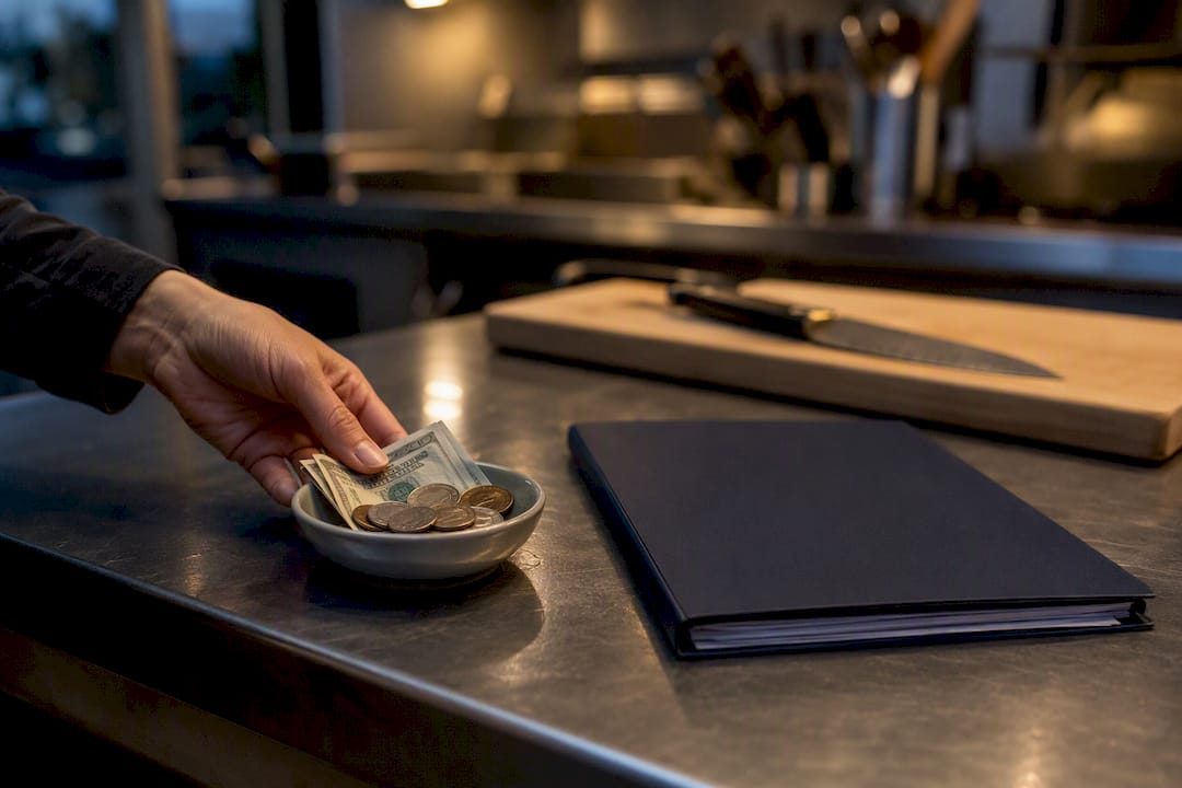 Payment deposit placed beside contract folder in kitchen