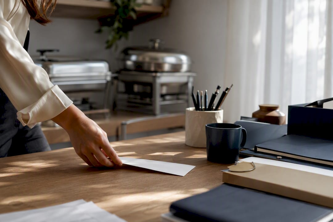 Hand placing envelope in catering office
