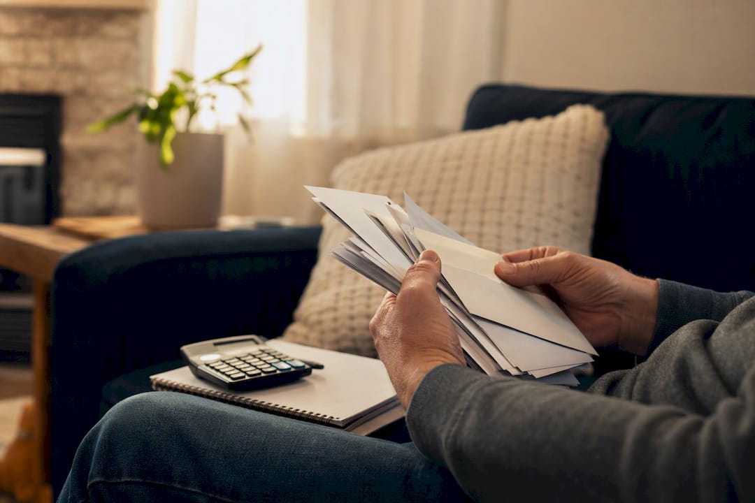 Hands sorting medical bills and using calculator