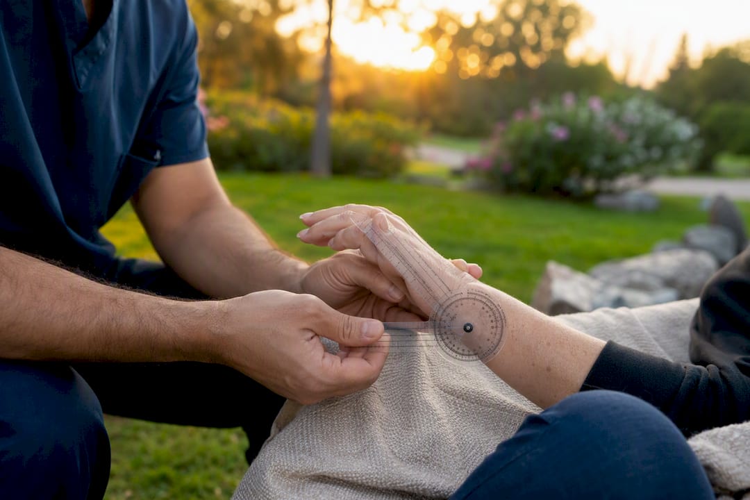 Doctor measuring wrist impairment with goniometer