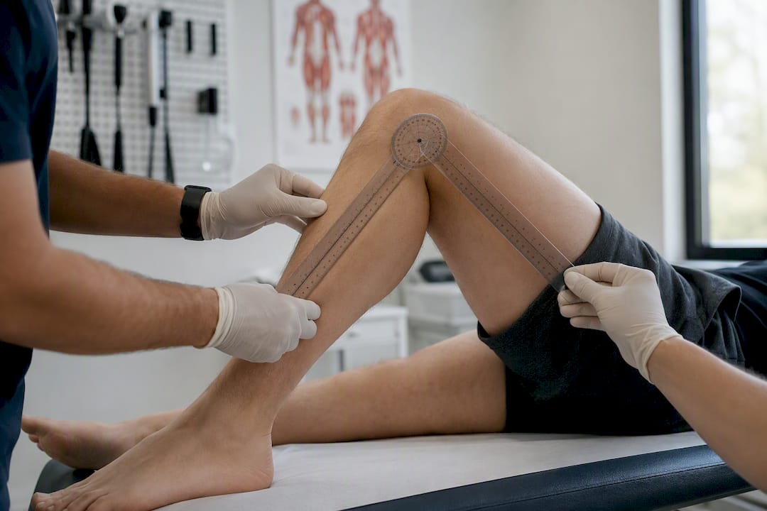 Doctor measuring arm motion with goniometer