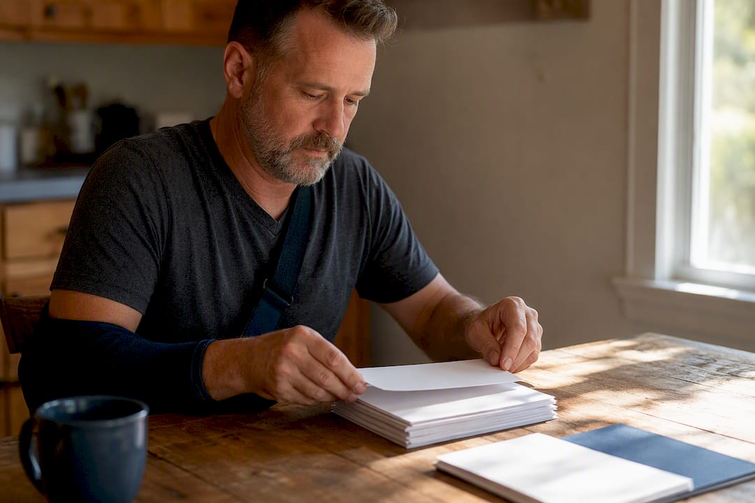 Hands organizing blank pay stubs on table