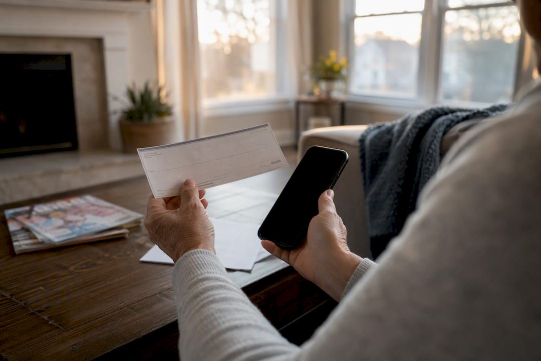 Person holding workers comp back pay check at home desk