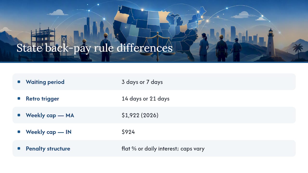 Comparison infographic of state back pay rules and caps