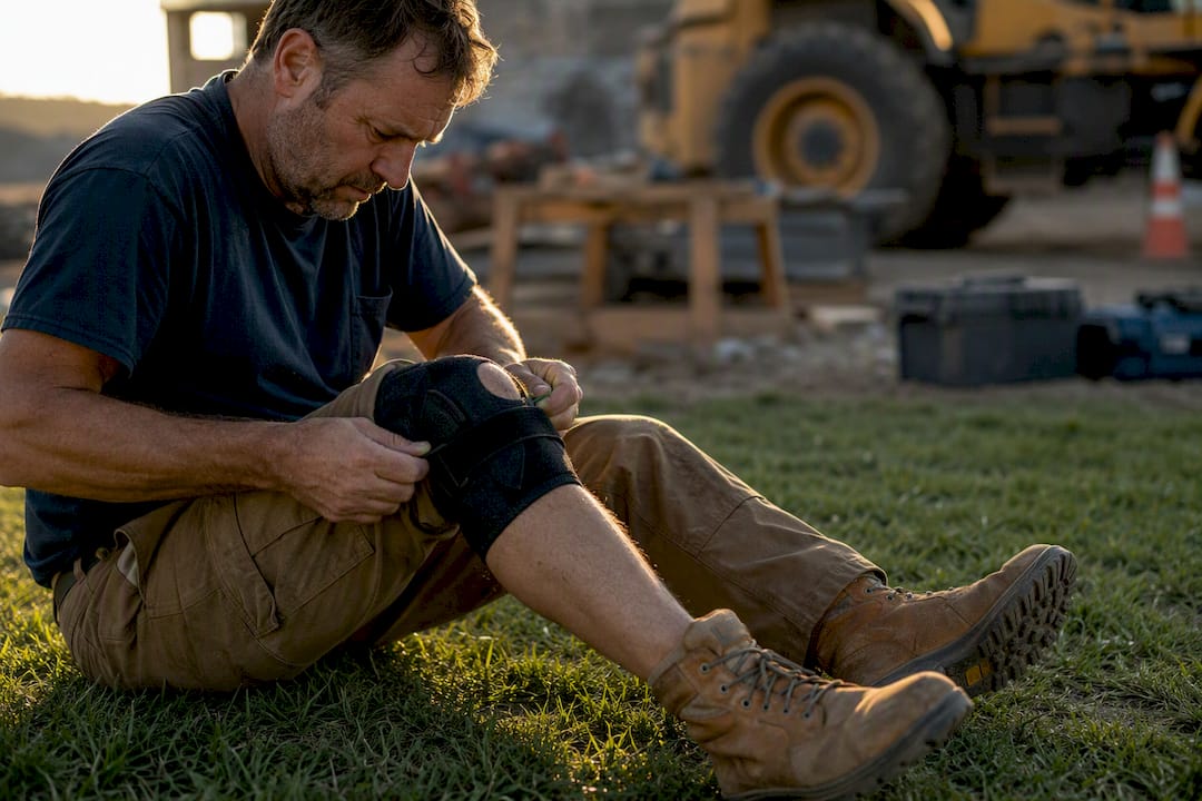Worker fastening knee brace outdoors