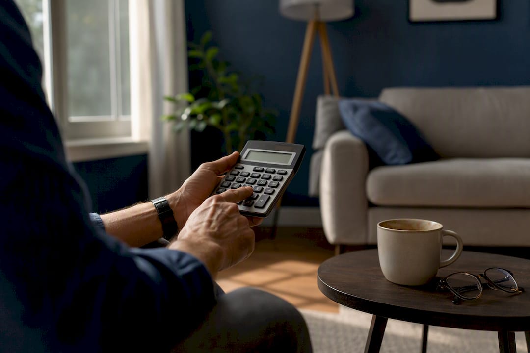 Hands using calculator with laptop and folder