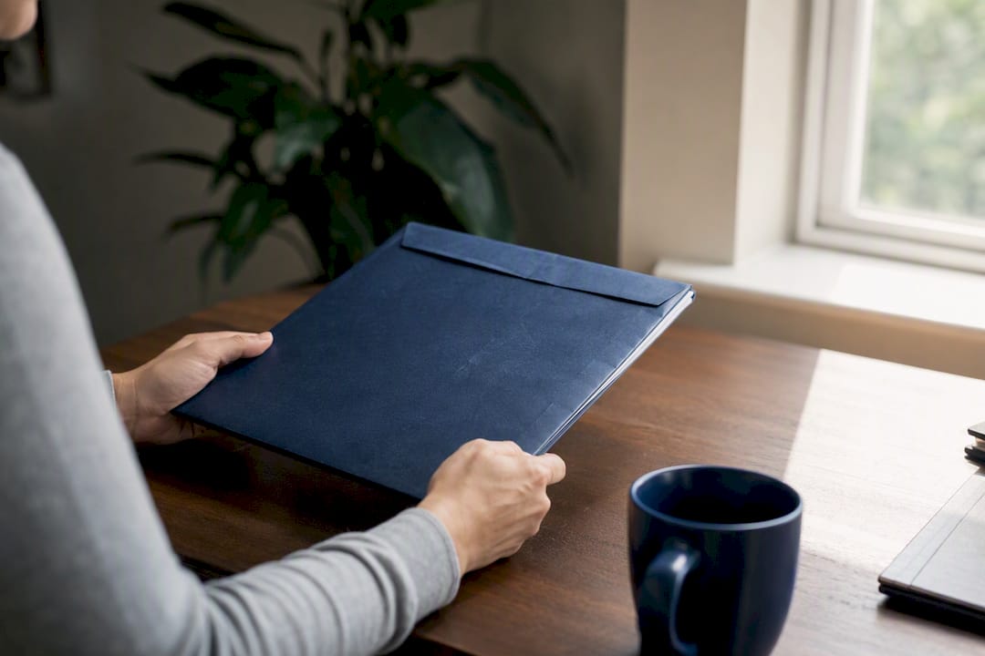 Hands placing closed claim folder on table
