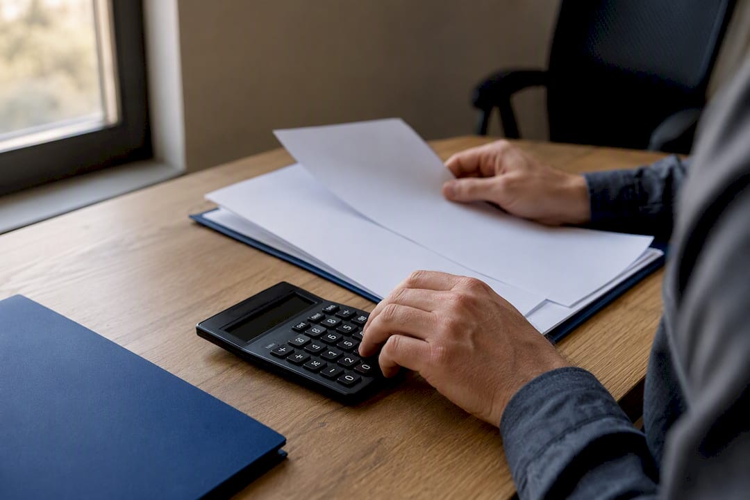Hands using calculator and documents