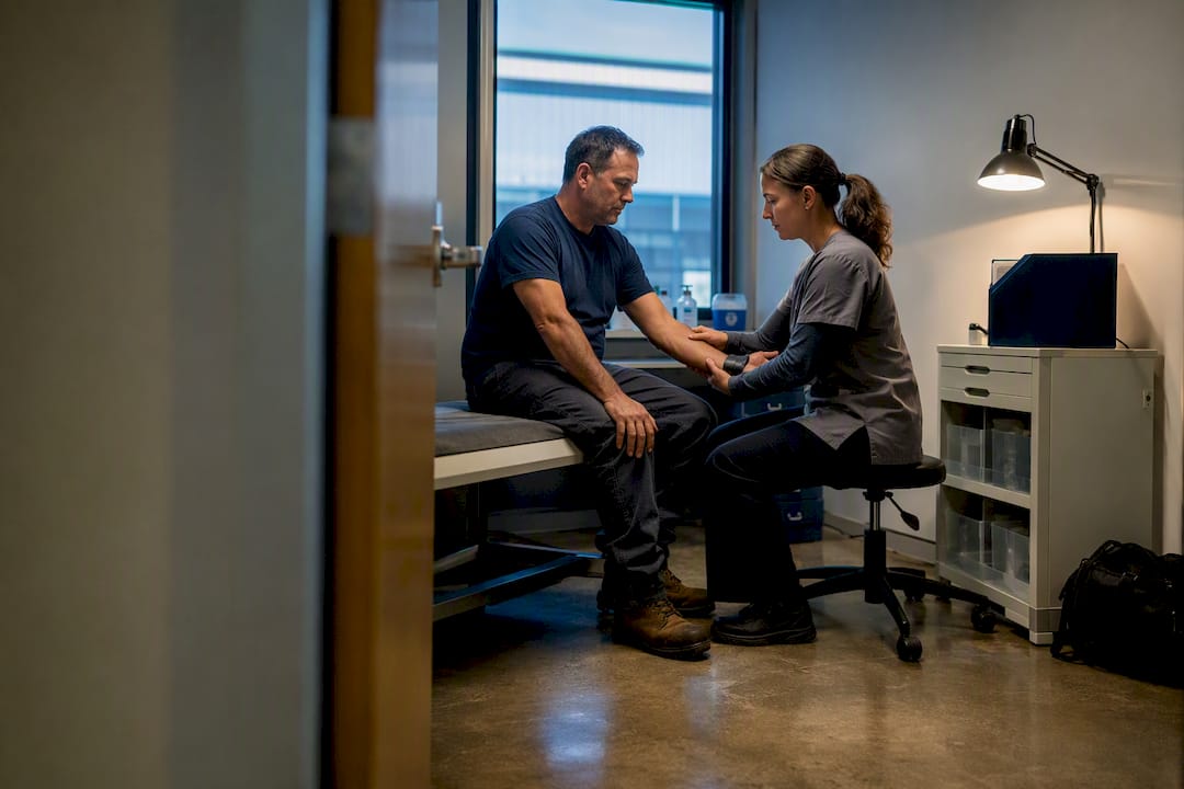 Worker receiving workplace injury evaluation