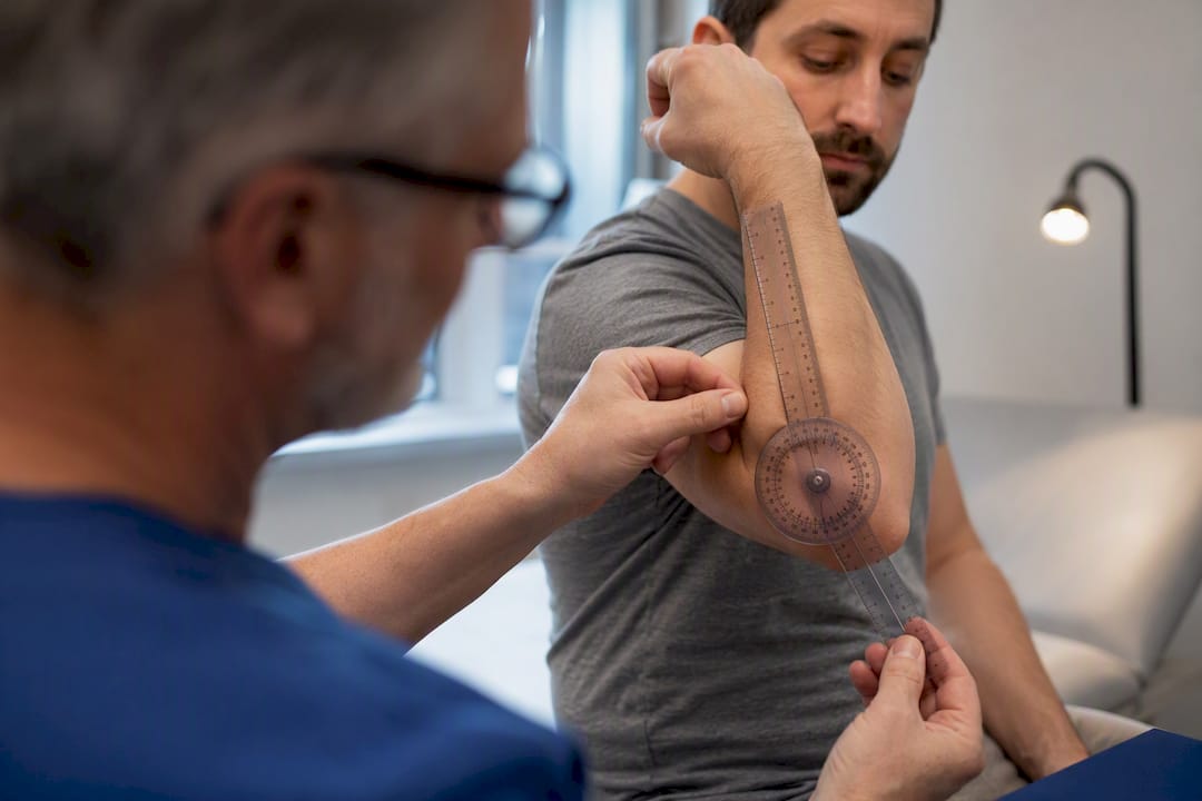 Clinician measuring joint motion during MMI exam