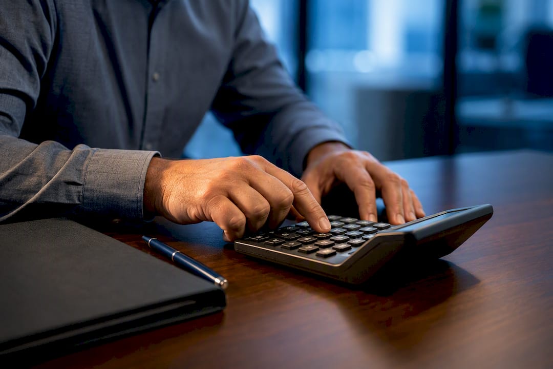 Hands calculating a workers compensation benefit estimate