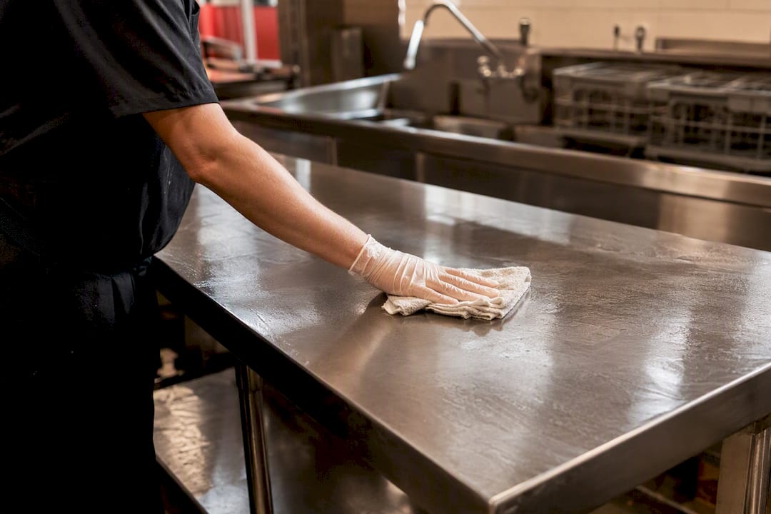 Hand cleaning stainless steel table surface
