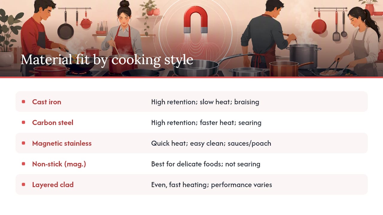 Comparison of five induction cookware materials