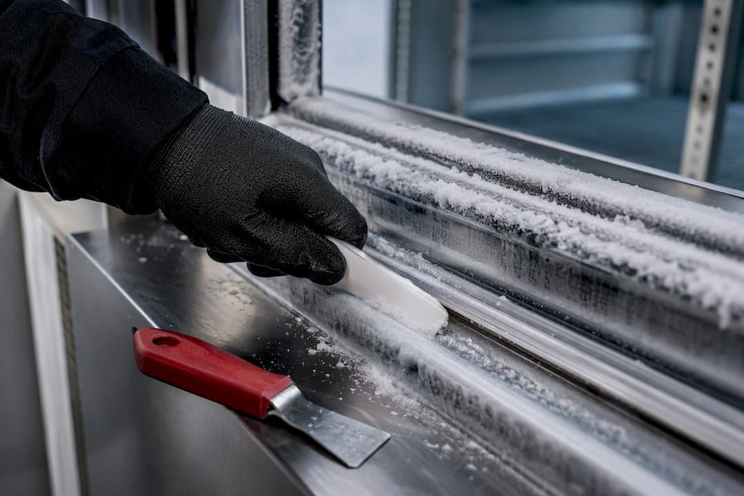 Technician clearing frost from freezer door track