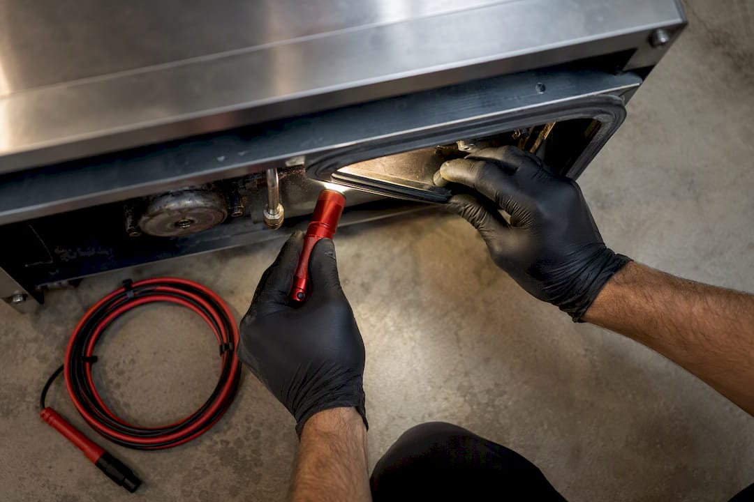 Technician inspecting used kitchen equipment