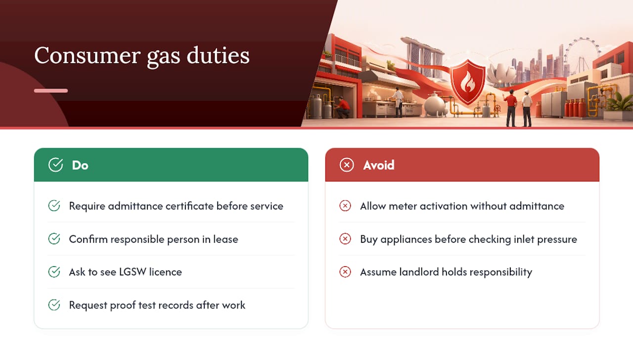 Consumer rights and responsibilities for gas installation — overview diagram