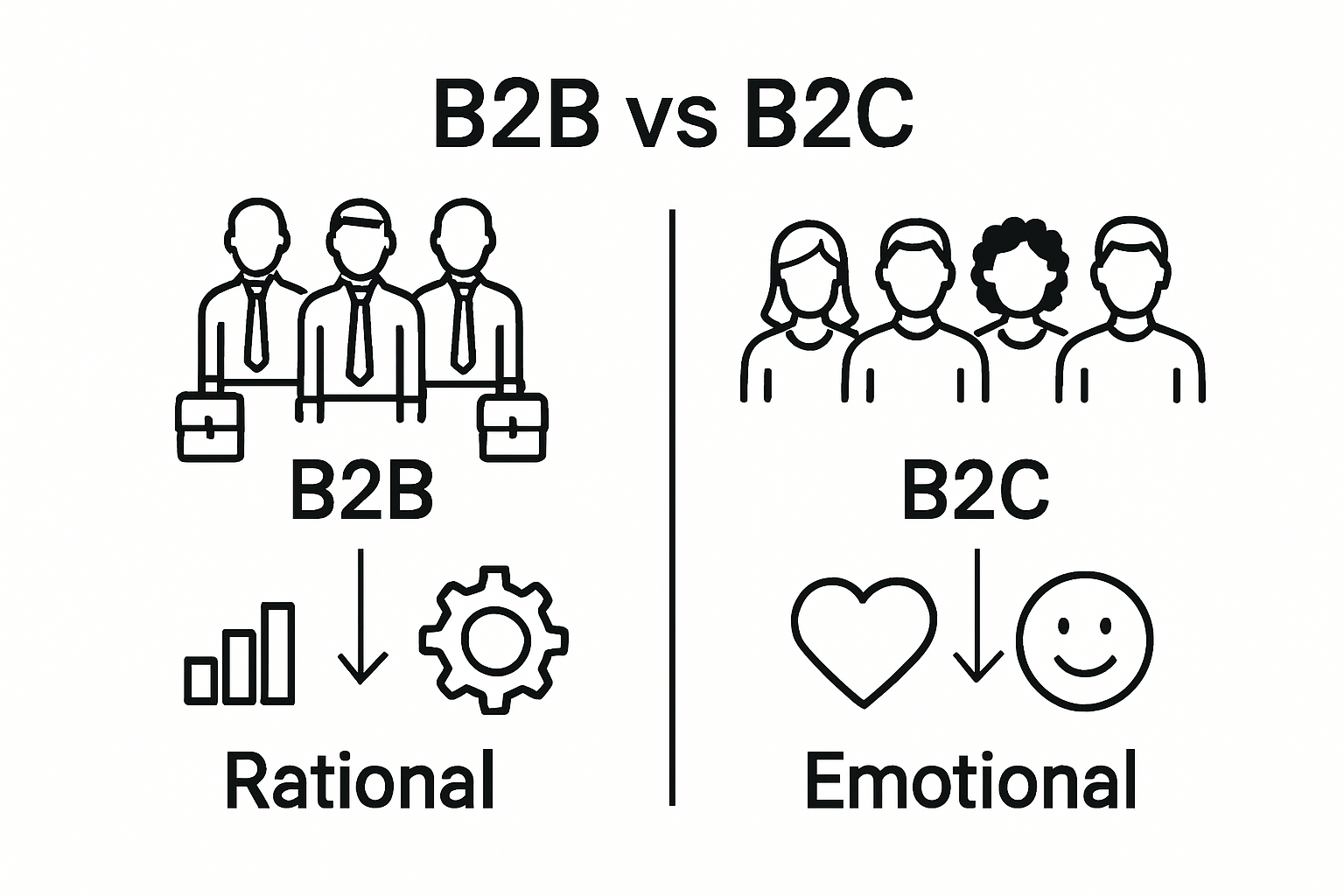 Infographic comparison of B2B and B2C marketing focus and decision factors