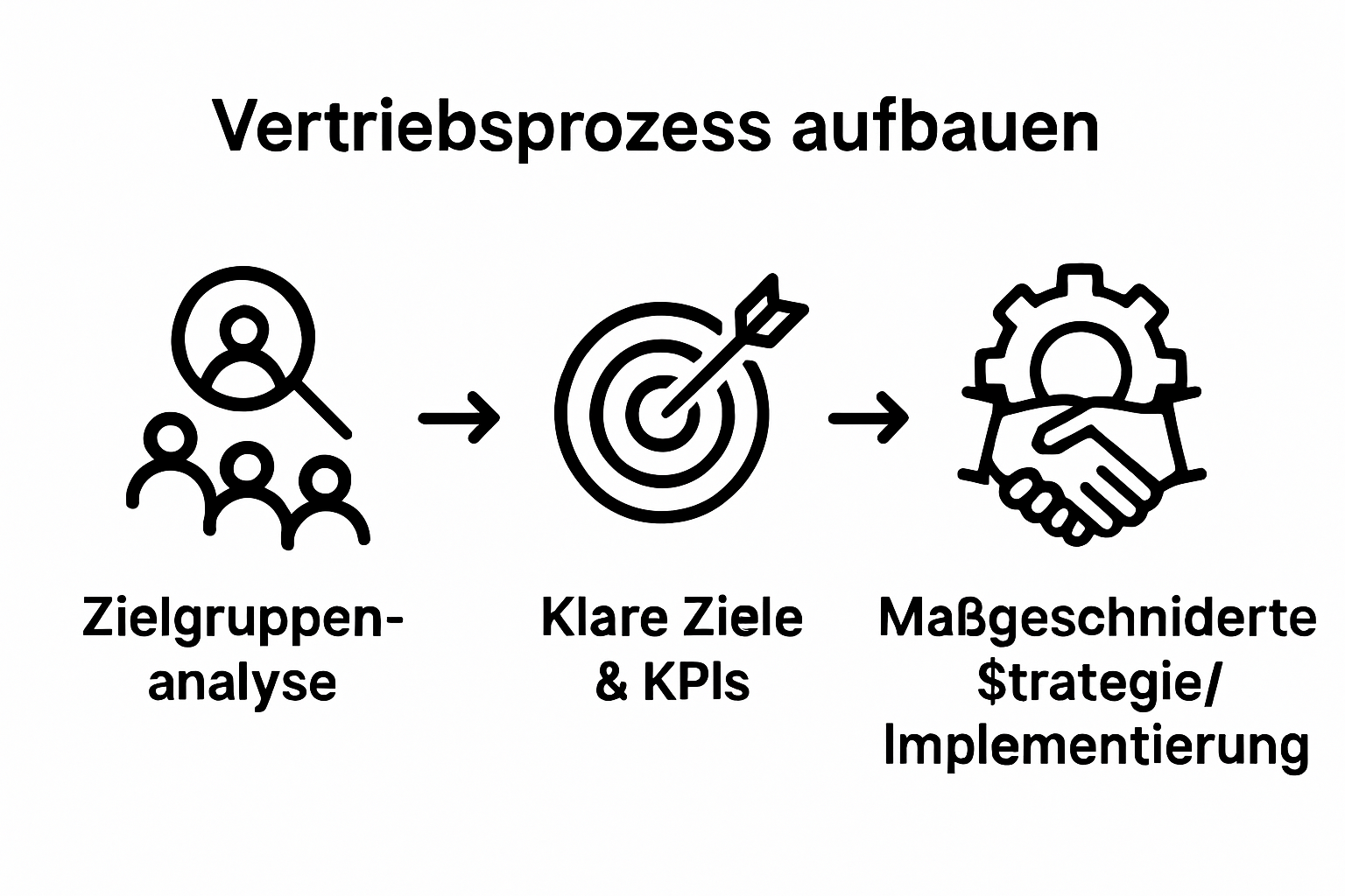 Infografik mit drei Schritten des Vertriebsprozesses: Zielgruppenanalyse, Zieldefinition, Strategieumsetzung