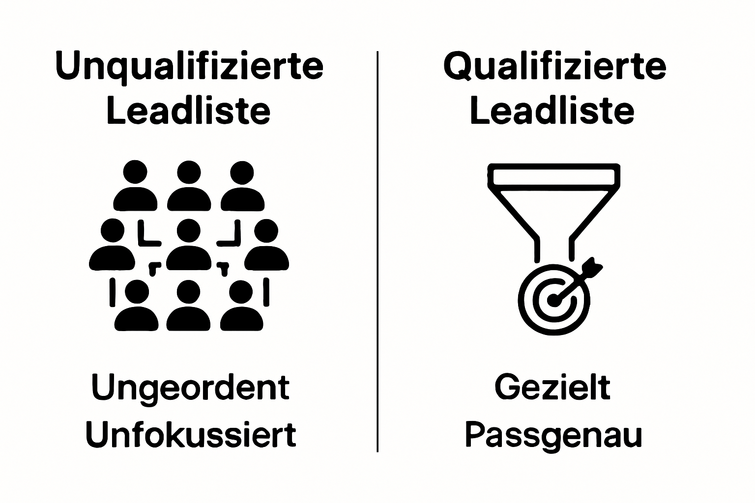 Infographic comparing qualified and unqualified lead lists with clear icons.