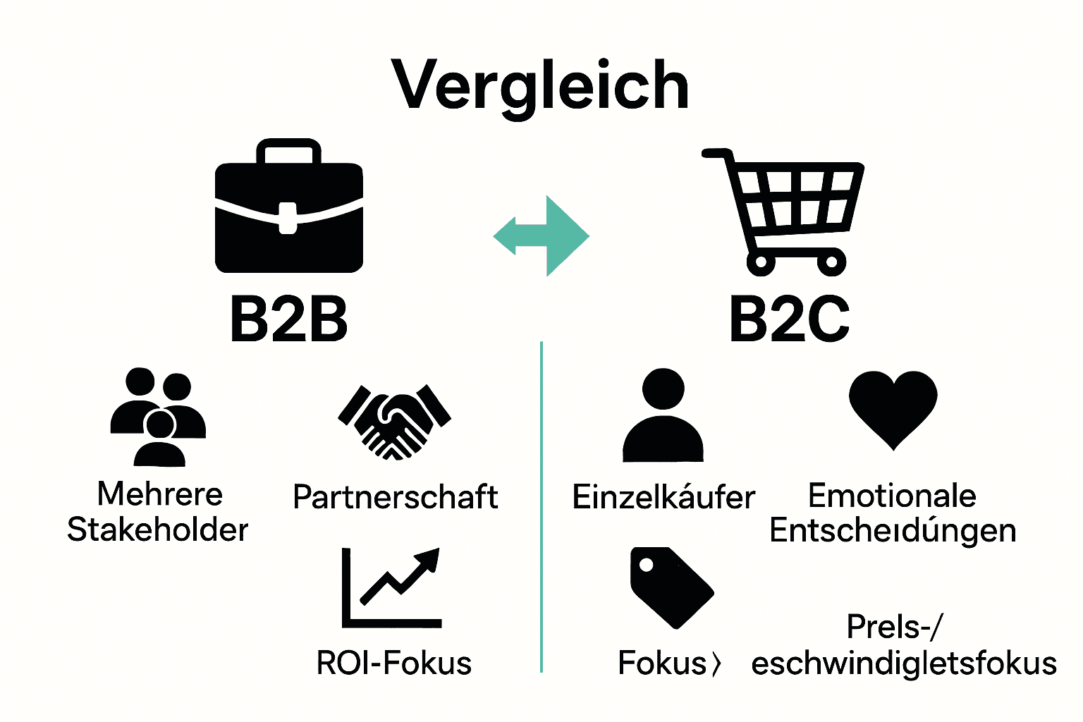 Vergleich B2B und B2C Kundenbindung mit Icons für Entscheidung, Beziehung und Fokus