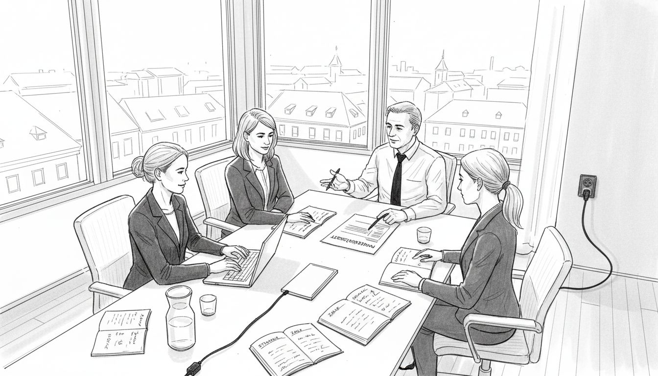 Das Vertriebsteam trifft sich zur Besprechung im Besprechungsraum mit Blick auf die Stadt.