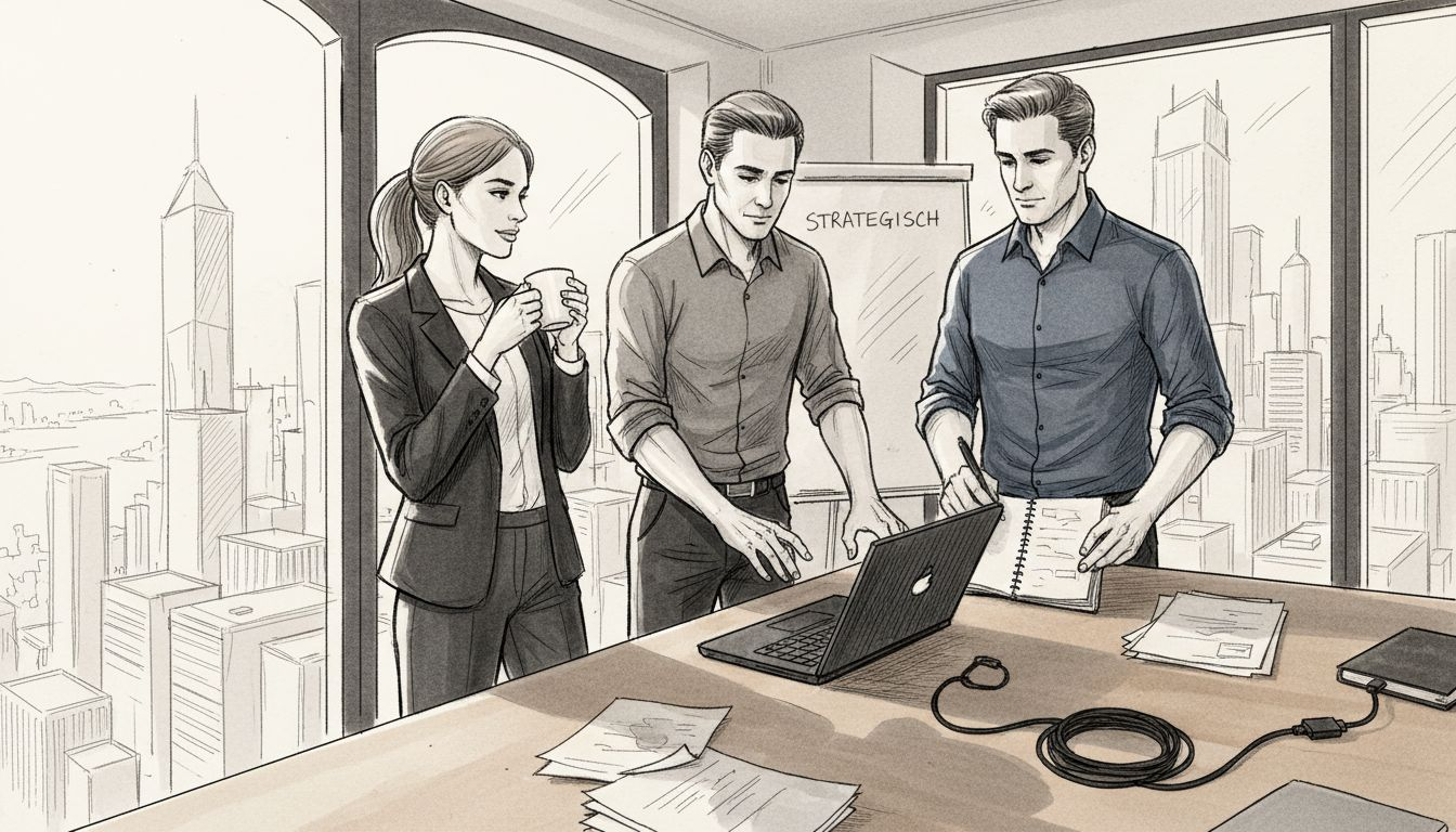 Ein engagiertes Vertriebsteam arbeitet Hand in Hand in einem lebhaften B2B-Büro und tauscht sich intensiv über Strategien und Kundengespräche aus.