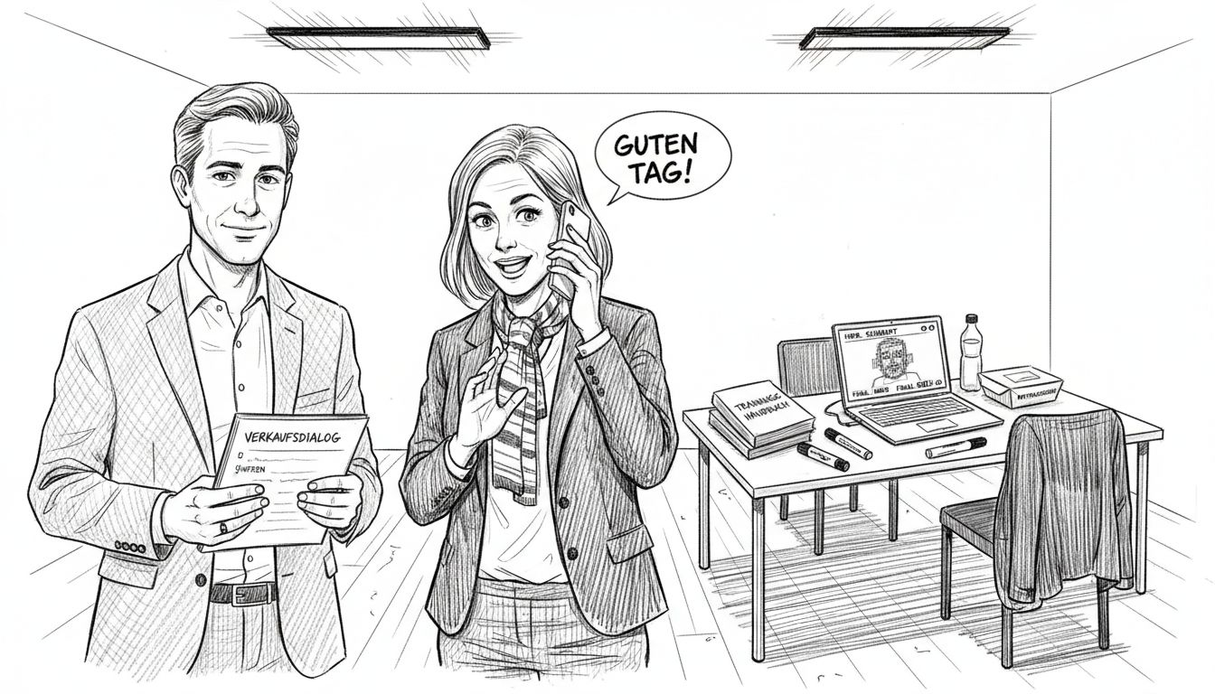 Mitarbeiter üben Verkaufsgespräche in einem Rollenspiel.