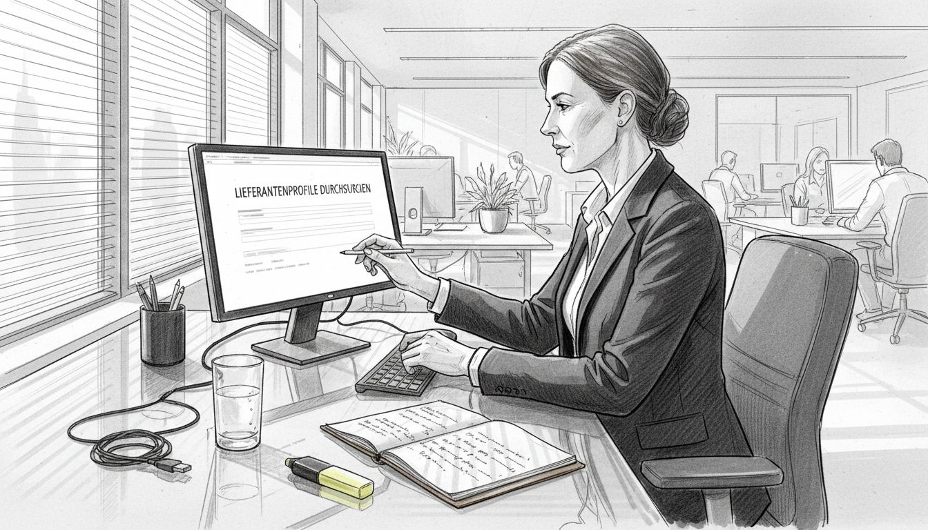 Ein B2B-Einkäufer informiert sich am Schreibtisch über potenzielle Lieferanten.