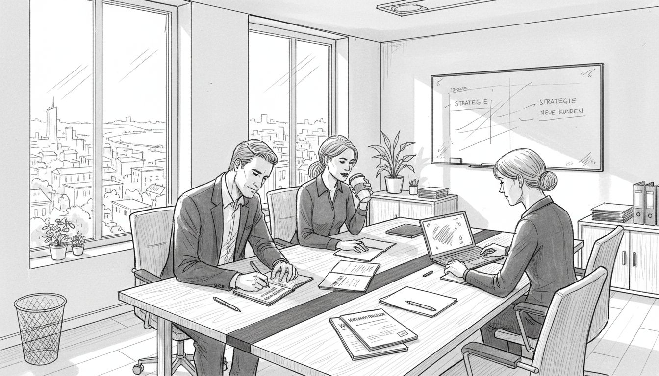 Das Vertriebsteam sitzt gemeinsam im Besprechungsraum und arbeitet mit Schulungsunterlagen an neuen Strategien.