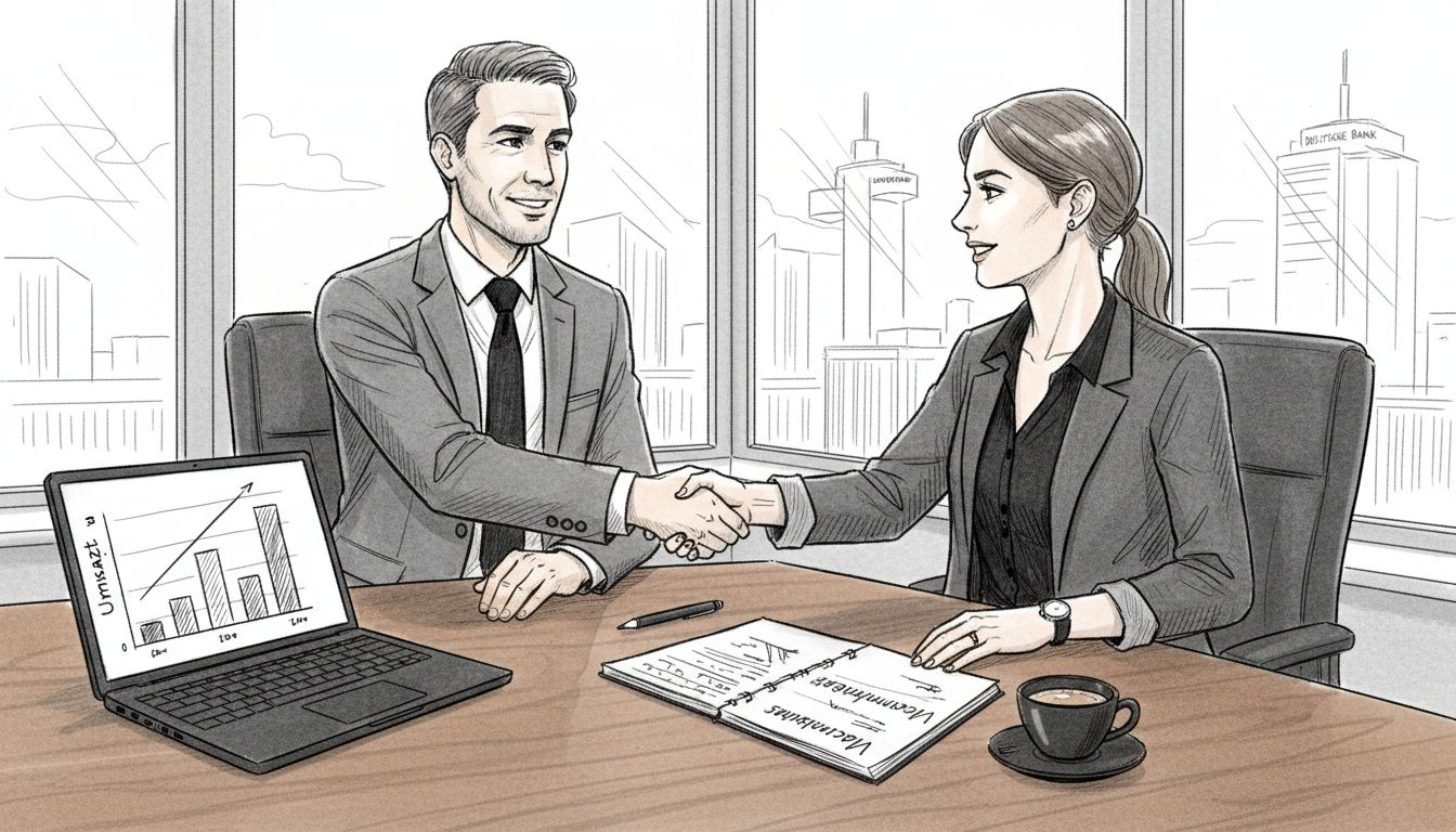 Vertriebler begrüßen sich mit einem Handschlag in einem lichtdurchfluteten Besprechungsraum.