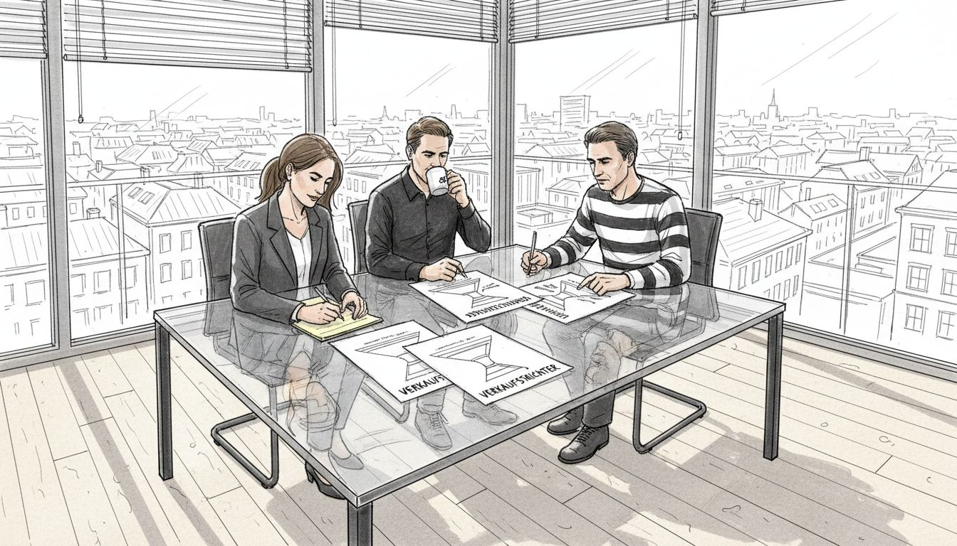 Das Vertriebsteam im B2B-Bereich sitzt zusammen und analysiert die verschiedenen Phasen des Sales Funnels anhand von Schaubildern, um Optimierungspotenziale zu erkennen und die nächsten Schritte zu planen.