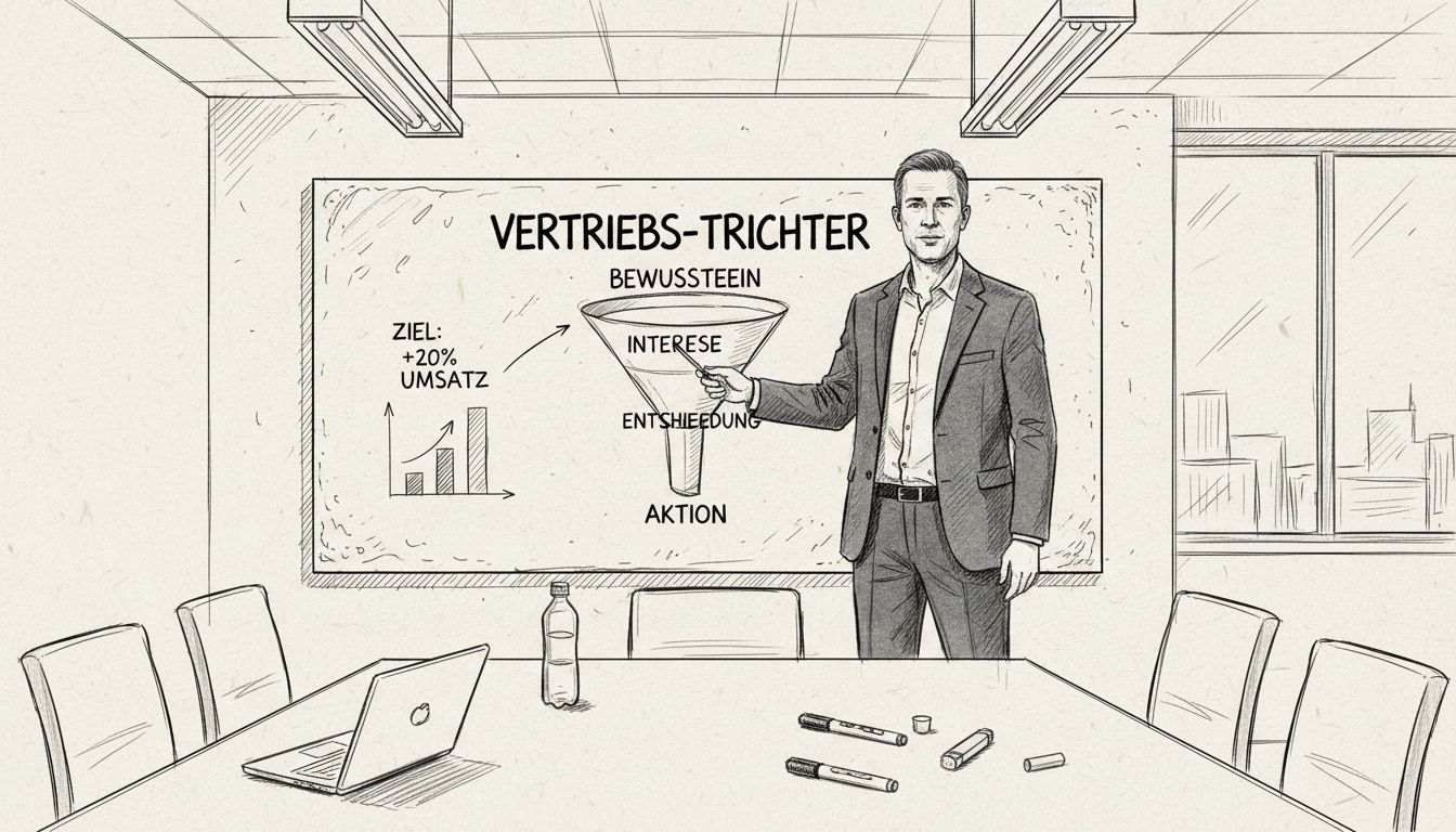 Ein Vertriebsleiter veranschaulicht den Aufbau eines Verkaufstrichters anschaulich am Whiteboard.
