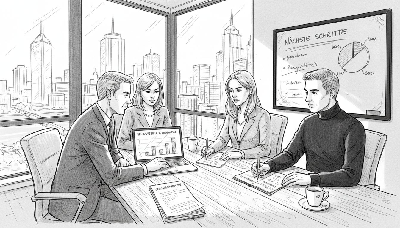 Das Vertriebsteam sitzt gemeinsam am Konferenztisch und bespricht aktuelle Themen im Büro.