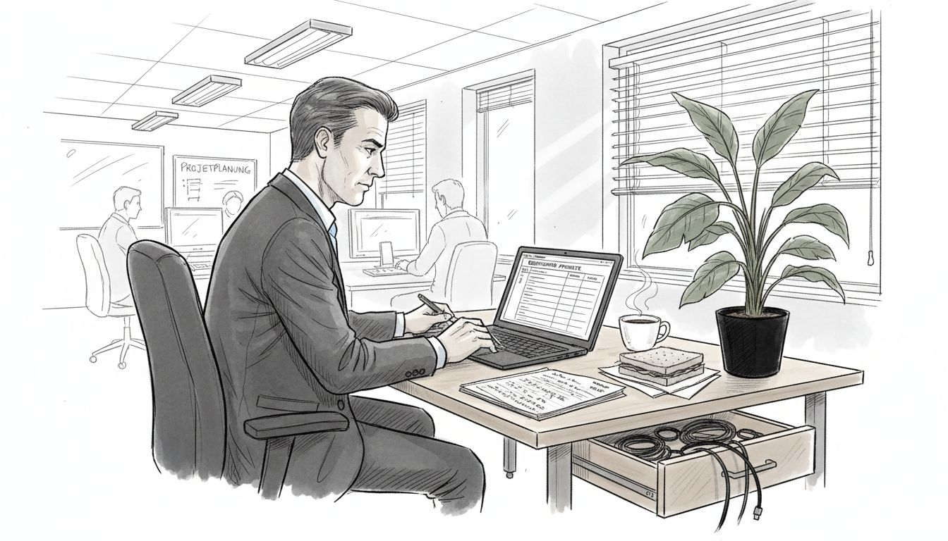Ein Vertriebsleiter überprüft am Schreibtisch die Arbeitsabläufe, um Optimierungspotenziale zu erkennen.