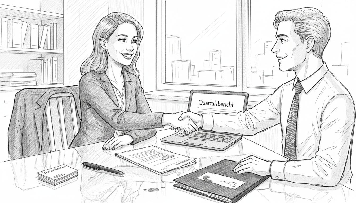 Geschäftlicher Händedruck in einem belebten Büroalltag