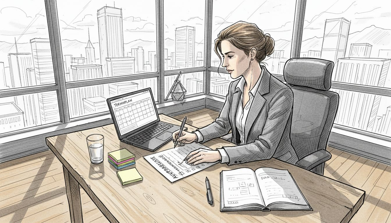 Checkliste für professionelle Markierungen auf einem vollgepackten Schreibtisch im Büro