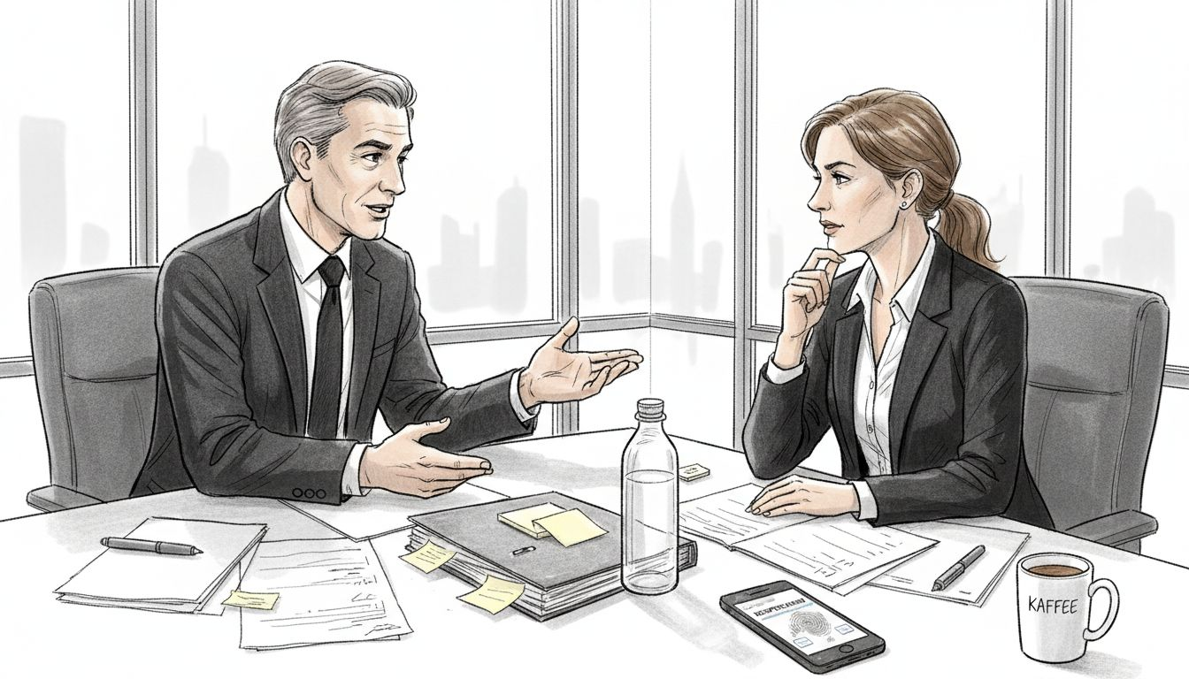 Zwei Vertriebsexperten aus dem B2B-Bereich geraten am Konferenztisch in eine hitzige Diskussion.
