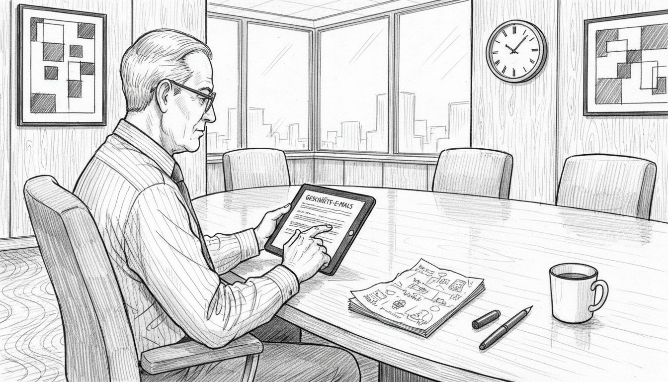 Ein Entscheider liest am Konferenztisch geschäftliche E-Mails und lässt sich dabei sichtlich von seinen Gefühlen leiten.