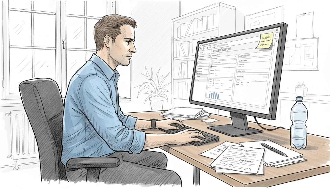 Ein Mann sitzt an seinem chaotischen Schreibtisch und wertet CRM-Daten aus.