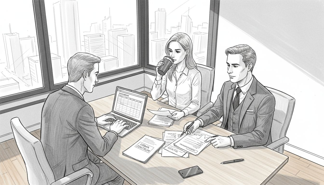 Geschäftsleute prüfen in einem modernen Eckbüro in der Innenstadt sorgfältig ihre aktuellen Lead-Listen.